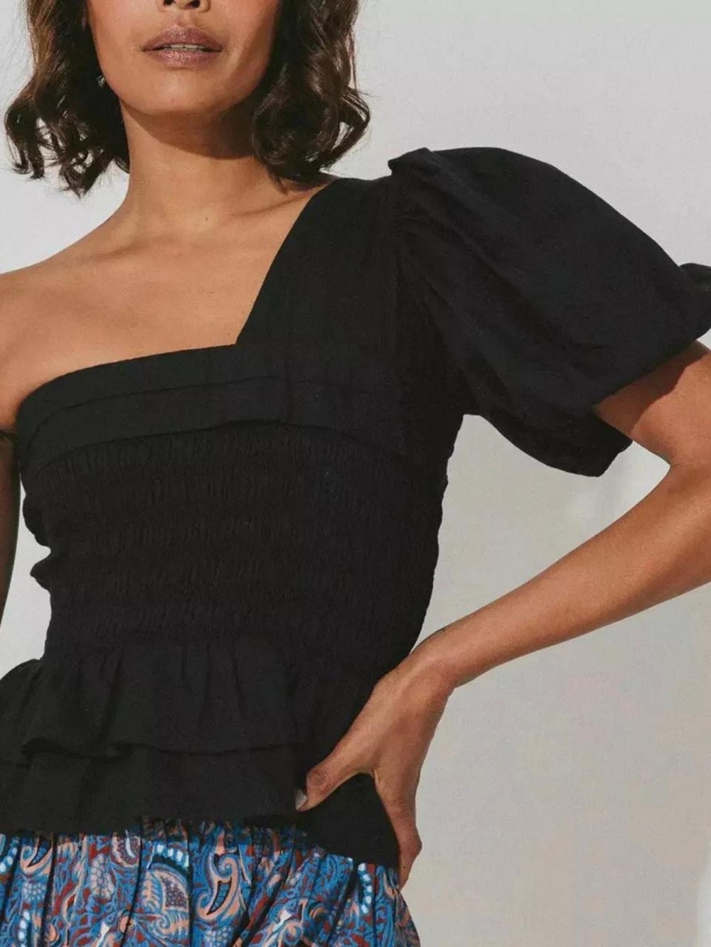 Women's One-Shoulder Poplin Ruffle Top - Picture 2 of 6